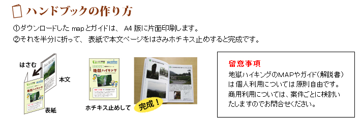 <ハンドブックの作り方>(1)ダウンロードしたmapとガイドは、A4版に片面印刷します。
(2)それを半分に折って、表紙で本文ページをはさみホチキス止めすると完成です。