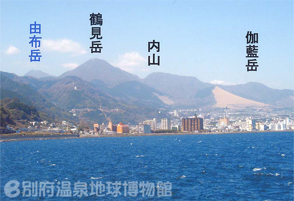 図:別府八湯の場所と海面下100mの地温分布