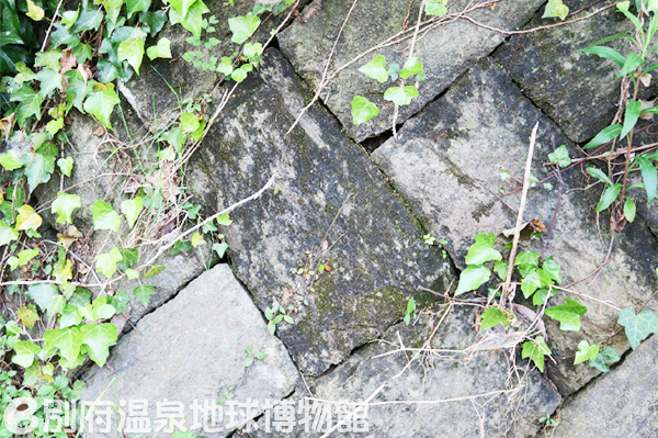 阿蘇溶結凝灰岩。黒地の中に入っている灰色の絣模様は丸い軽石が熱で押しつぶされたんだって!